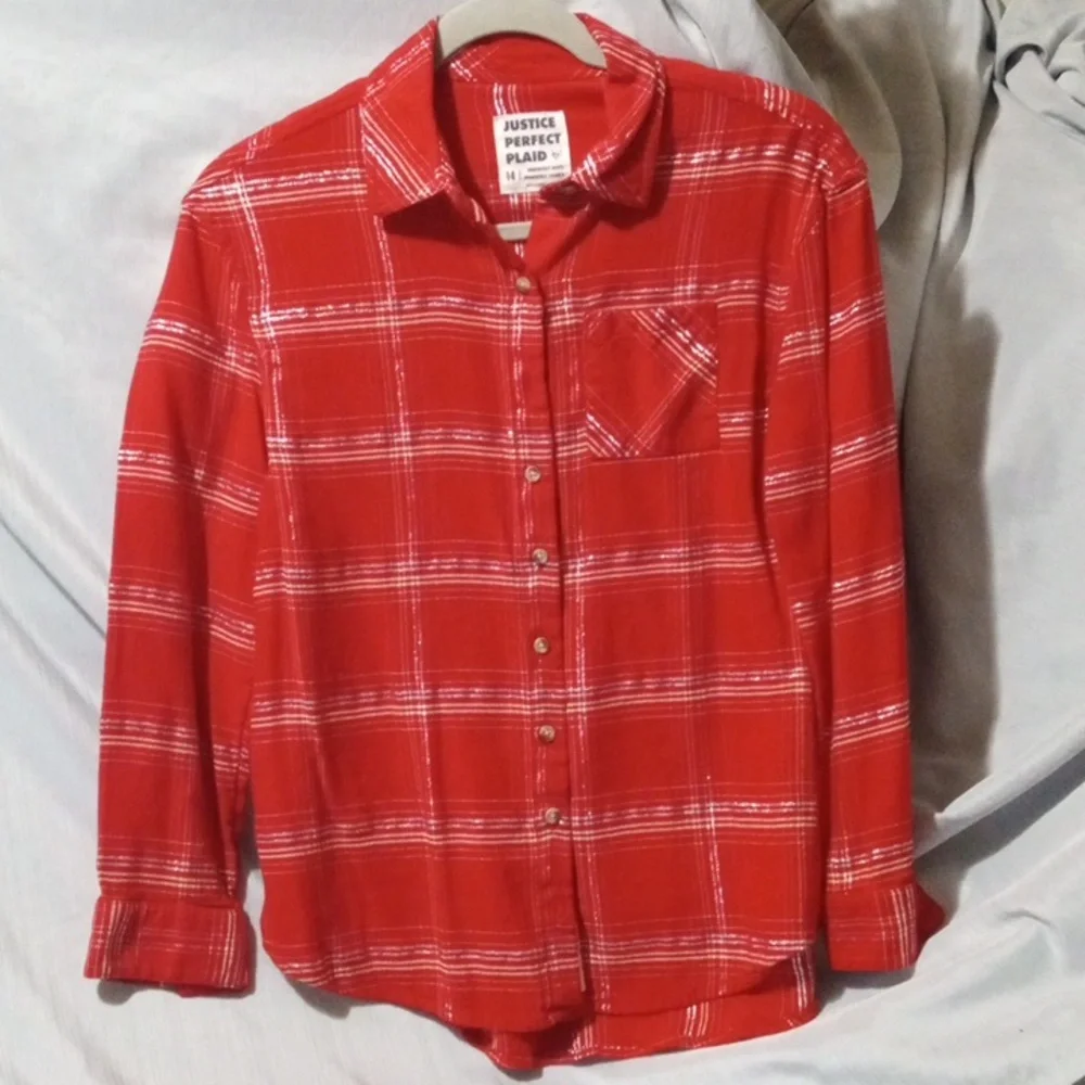 Justice Perfectly Plaid Red Flannel Size 14 Red and Silver